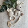 Generic Organic Cotton Handmade Crotchet Bunny Rattle, Toy, teether and Pacifier Holder Baby Shower/Birthday Gift Set., beige