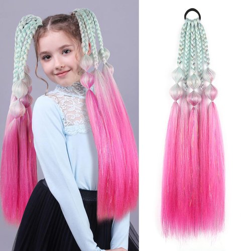 LyoRuSi 25 Inch Colored Hair Extensions Colored Tinsel Bubble Ponytail Extensions for Kids Ponytail Extension Crazy Hair Day Accessories for Girls Festival Rave Hair Extensions (Light Green/Rose Red#)