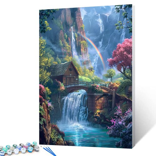 Waterfall with Rainbow Paint by Numbers Kits with Brushes and Acrylic Pigment on Canvas Painting for Adults,Mountain Wooden House,Bridge Arts Crafts Project Home Decor 16"x20" inch Gift (DIY Framed)