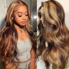 Yllies Honey Blonde Highlight Ombre Middle Part Lace Front Wigs Human Hair T Part HD Transparent Lace Body Wave Wigs 180% Density Brazilian Human Hair 4/27 Colored Glueless Wigs for Women(18 Inch)
