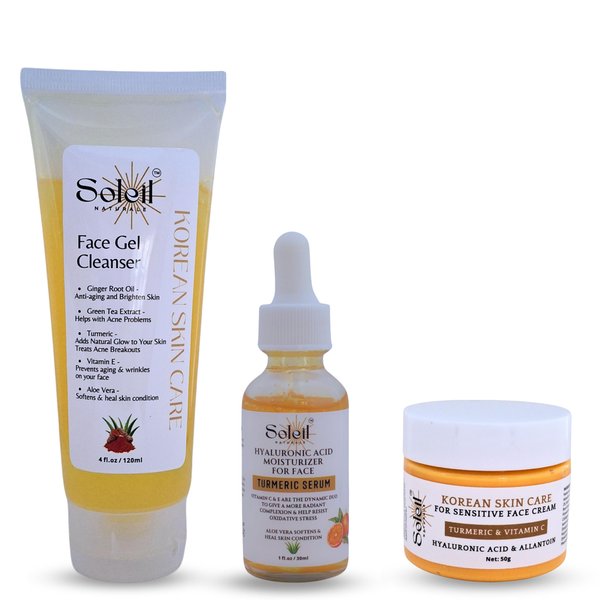 Soleil Naturale - Korean skincare kit, Turmeric Oil, Jojoba Oil, Snail Secretion, Goji Berry Extract, Vitamin E, Vitamin C, Aloe Vera, Cleansing Gel, Face Cream, Face Serum