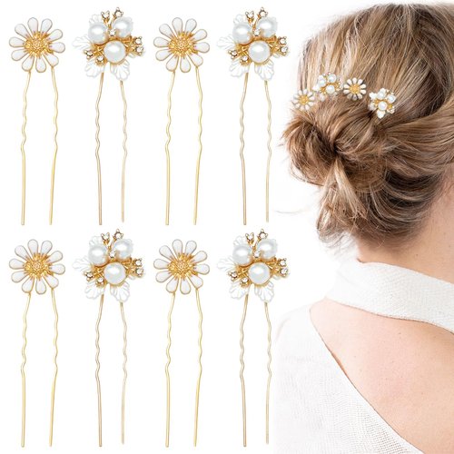 8Pcs Daisy Wedding Hair Pins Flower Pearl Rhinestone Hair Pieces Crystal Bridal Hair Pins U-shape...