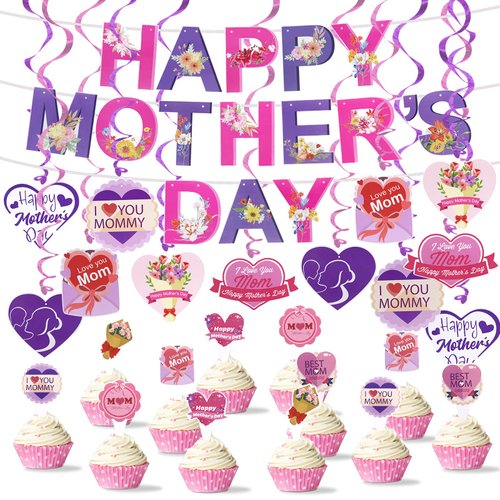 37 Pieces Floral Mother’s Day Party Decoration Supplies Set, 1 HAPPY Mother’s Day Banner, 12 Hanging Swirls, 24 Cupcake Toppers for Mother’s Birthday Party Decorations Favors