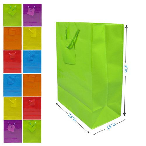 Colorful Gift Bags | 9" x 7.5" x 3.5" | Glossy Neon Colored Paper Party Bag | Blank Assorted Bright Rainbow Set with Rope Handles | Special Occasion, Event Supplies, Snacks, Arts and Craft (12 - Pack)