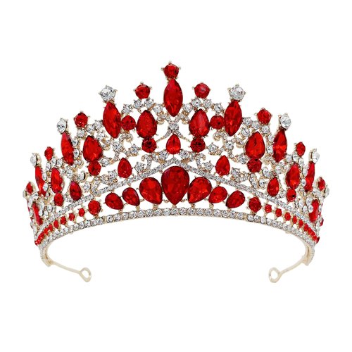 SH Metal Tiaras and Crowns for Women, Crystal Wedding Tiara for Bride, Rhinestone Queen Crown, Bridal Costume Hair Accessories for Birthday Prom Pageant Quinceanera Celebration, Red
