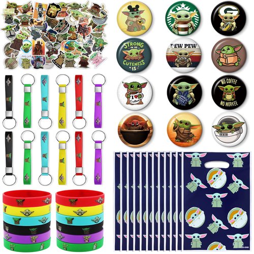 98Pcs Birthday Party Supplies, Baby birthday decorations Favors Set Include 12 Bracelets, 12 Button Pins, 12 Key Chains, 12 Gift Bags and 50 Stickers