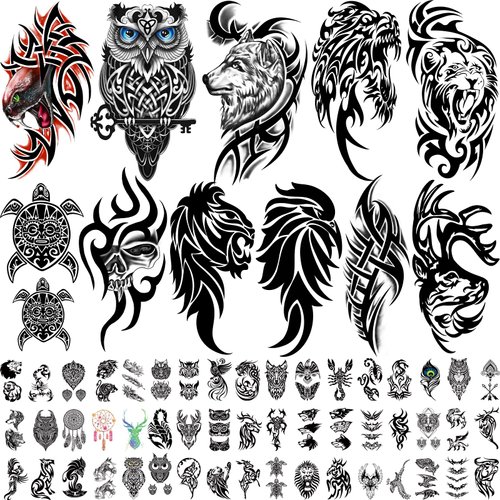 77 Sheets Tribal Temporary Tattoos for Men, 17 Sheets Half Arm Western Tribal Wolf Lion Owl Skull...