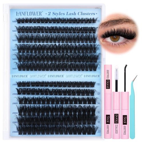 Fluffy Lash Clusters Kit 80D 100D Thick Volume Eyelash Extension Kit D Curl Lash Extension Kit Fluffy Individual Lashes 10-20mm Cluster Eyelash Extensions Kit with Lash Bond and Seal by Lanflower