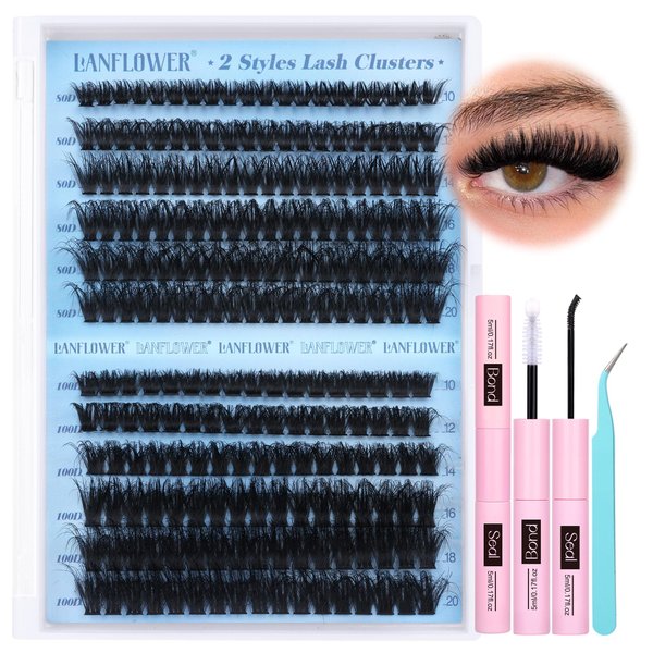Fluffy Lash Clusters Kit 80D 100D Thick Volume Eyelash Extension Kit D Curl Lash Extension Kit Fluffy Individual Lashes 10-20mm Cluster Eyelash Extensions Kit with Lash Bond and Seal by Lanflower