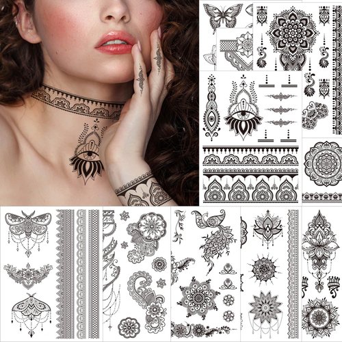 VIWIEU Fake Small Black Henna Temporary Tattoos 10 Pack for Adult Women, Realistic Flower Lace Finger Hand Arm Removable Body Art Stickers Summer Wedding Party Bridal Favors, Long Lasting Waterproof