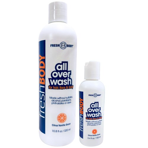 Fresh Body FB All Over Wash for Hair, Face & Body + Travel Size Shampoo and Body Wash for Men & Women - Citrus Vanilla Grove Shower Gel, 10.8oz + 3.4oz Without Alcohol, Sulfates, Dyes or Parabens