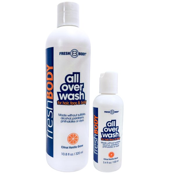 Fresh Body FB All Over Wash for Hair, Face & Body + Travel Size Shampoo and Body Wash for Men & Women - Citrus Vanilla Grove Shower Gel, 10.8oz + 3.4oz Without Alcohol, Sulfates, Dyes or Parabens