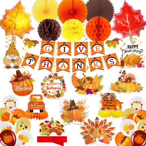 Thanksgiving Party Decorations Supplies Thanksgiving Fall Decorations Including Give Thanks Banner Pumpkin Honeycomb Centerpieces Hanging Swirls Foil Balloons Pumpkin Balloons Paper Pompoms & Fans