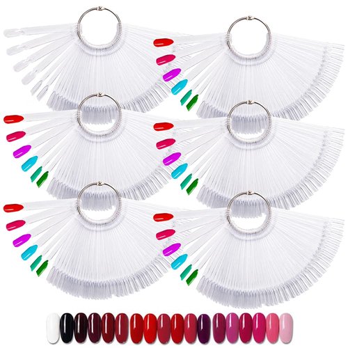 FHDUSRYO 300Pcs Clear Nail Swatch Pop Sticks, Fan-Shaped Nail Colour Display Art Tips with 6 Metal Rings, Fake Practice Nail Board for Nail Salon and Beginners Nail Gel Polish Practice