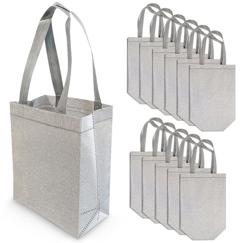 OccasionALL 10x5x13 12 Piece Medium Silver Gift Bags with Handles, Metallic Bachelorette Gift Bags, Glitter Gift Bags Reusable for Christmas, New Year