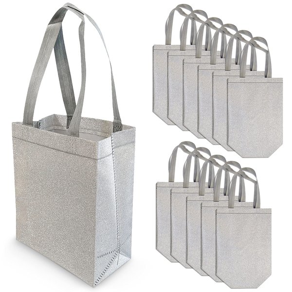 OccasionALL 10x5x13 12 Piece Medium Silver Gift Bags with Handles, Metallic Bachelorette Gift Bags, Glitter Gift Bags Reusable for Christmas, New Year