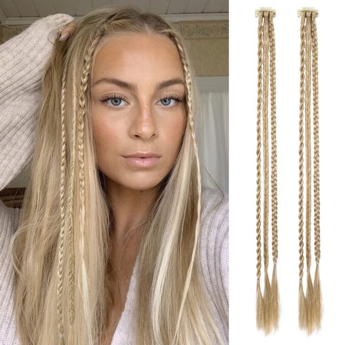 Braid Hair Extensions, 6 PCS Clip in Hair Extensions Baby Braids, 3 Braids on One Clip 6 Braids Total, 22" Long Natural Soft Synthetic Hairpieces for Women -Medium Blonde with Pale Highlights