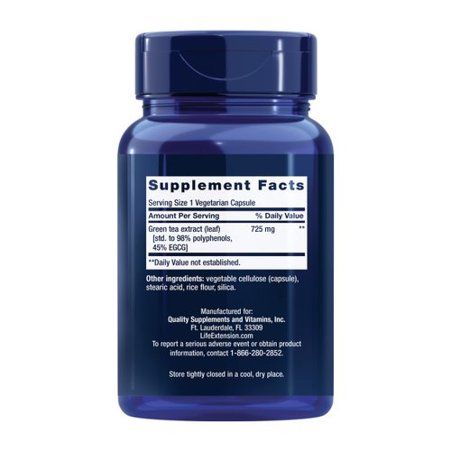 Life Extension Lightly Caffeinated Mega Green Tea Extract - 98% EGCG Polyphenols Supplement for Heart and Brain Health Support for Men and Women - Gluten Free, Non-GMO, Vegetarian - 100 Count