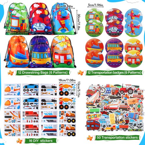 144 Pcs Transportation Party Favors Transportation Birthday Party Favors Transportation Vehicle Truck Stickers DIY Stickers Drawstring Bags Mini Notepads Keychain Button Pins Flexible Soft Pencil