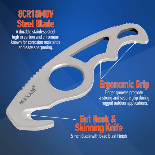 Maxam Gut Hook & Sheath - Hunting Knife for Gutting & Skinning Deer, Elk, Hogs, Cutting Fishing Lines, Lift Hot Grates - Stainless Steel Blade with Pouch - Outdoor Survival Gear for Hunters - 5-inch