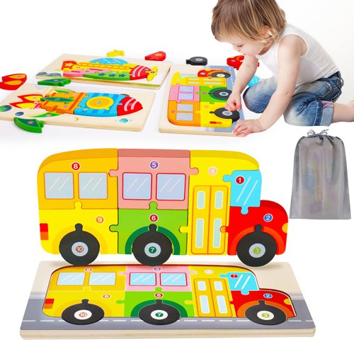 Wooden Puzzles for Toddlers 2 3 4 Year Old Montessori Toys for Ages 2-4 Boys Girls Toddler Educational Developmental Toys Numbers Colors Shapes Preschool Learning Toys Vehicle Puzzle Birthday Gifts