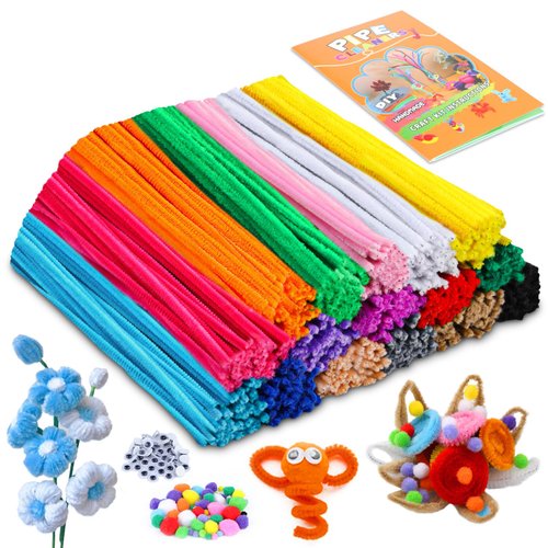 Iuuidu 800Pcs Pipe Cleaners, 16 Colors Pipe Cleaners Craft Supplies, Fuzzy Sticks Pipe Cleaner Includes 50Pcs Pom Poms 40 Googly Eyes for DIY Art Creative Craft Decorations
