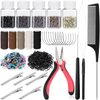 Hair Extension Tools Kit, 2500 Silicone Lined Micro Rings, 1 Plier, 1 Comb, 1 Threader, 1 Crochet Hook, 10 Curved Hair Needle, 5 Metal Hair Clips, 5 Rolls Sewing Threads, 1000 Mini Rubber Bands