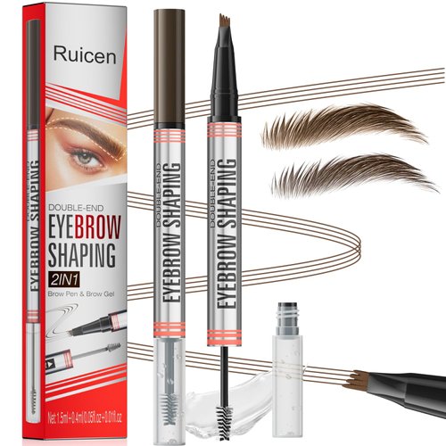 Eyebrow Pencil with Eyebrow Gel, Ruicen 2-in-1 Microblading Eyebrow Pen and Brow Gel with 4 Fork Tip, Real-Looking-Fill Define and Shape Brows, 24H Wear, Waterproof & Smudge-proof, Drak Brown