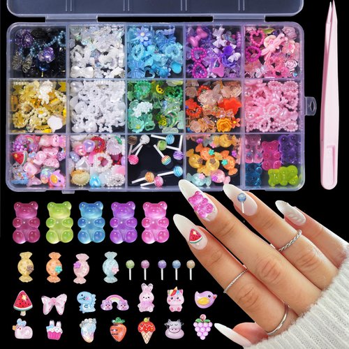 Multi 3D Mix Assorted Color Nail Charms Acrylic Flower Butterfly Bowknots Lollipop Candy Bear Cute Hollow Pearls Nail Charms Jewelry for Nail Art DIY Accessories