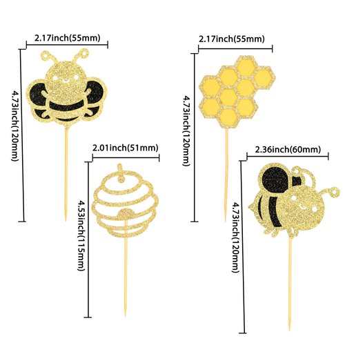 24Pcs Bumble Bee Cupcake Toppers Glitter Heart Honeycomb Bee Cupcake Picks BaBy Shower Cake Decorations for Bee Theme Baby Shower Kids Birthday Party Supplies