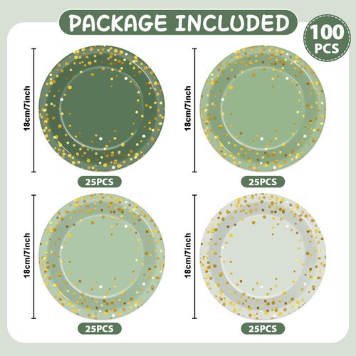 OBUSATT 100Pcs Sage Green Paper Plates Green and Gold Party Supplies Polka Dot Green Tableware Disposable 7 Inch Dinner Dessert Cake Plates for Bridal Baby Shower Wedding Birthday Party Decorations