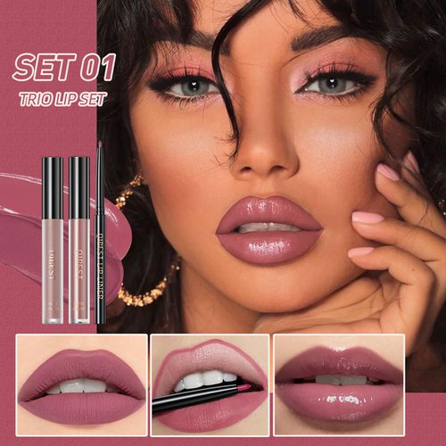 ZAMANIYA 3 In 1 Lip Gloss Set With Matte Lipstick ,Moisturizing Lip Gloss And 2mm Lip Liner Liquid Lipstick Long Lasting Makeup Lip Plumping Lipstick Lipgloss Soft And Smooth Like Cream (01 - Sunset Encounter)