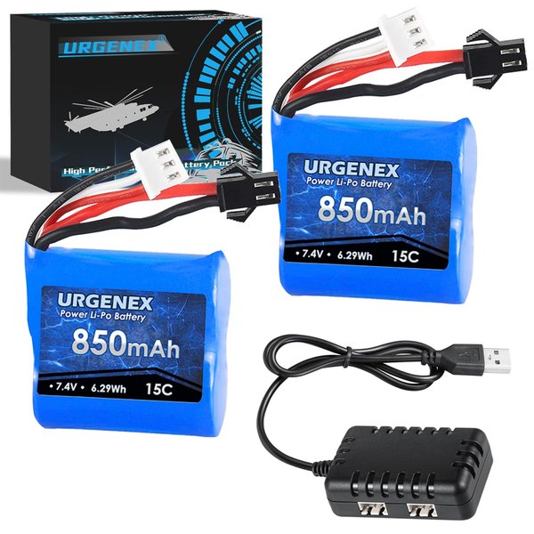 URGENEX 2S Lipo Battery 7.4V 850mAh RC Boat Battery with SM2P Plug 6.29Wh H100 Batteries for Skytech H100 H102 with 1 to 2 USB Charger