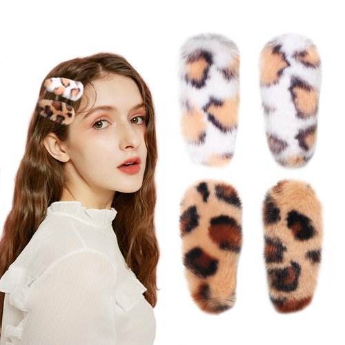 YIERSO Furry Snap Hair Clips for Women Girls Cute Soft 4 Inch No Slip Hair Barrettes Accessoriesfor All Hair Type Makeup Faux Fur (Leopard)