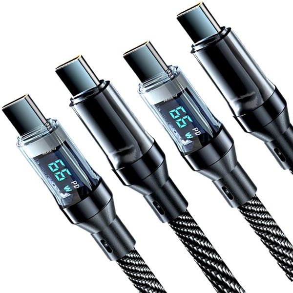 66W USB C to USB C Cable with LED Display [2-Pack, 3.3 FT], PD 6A Fast Charging Cord with 480Mbps Data Transfer, Bold Nylon Braided Cable for iPhone 16/15, iPad, Macbook, Galaxy, Laptops and More