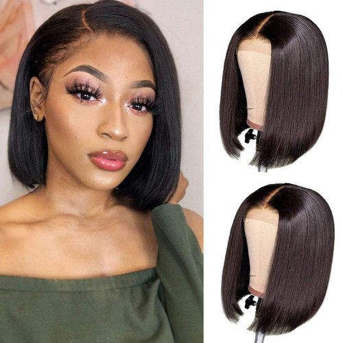 CAITLYN Brazilian Virgin Straight Bob Lace Front Human Hair Wigs for Black Women Glueless Pre Plucked with Baby Hair Short Bob Straight 4x4 Lace Closure Wig (8 inch, 150% Density)