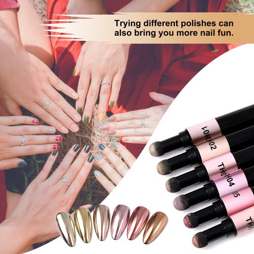 Rose Gold Chrome Nail Powder Pen,RoseFlower 6 pcs Metallic Nail Art Pigment Powder Pen Set, Shiny Nail Glitter Powder Air Cushion Pen with Magic Mirror Effect for Nail Art Design Decoration