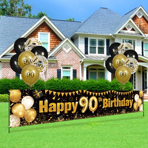 Black Gold 90th Birthday Decorations for Men Women, Black and Gold Birthday Yard Banner Sign and 18 PCS 90th Happy Birthday Balloons for 90th Anniversary Birthday Party Supplies Outdoor Yard Decor