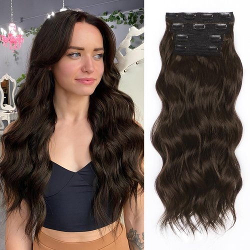 ALXNAN Hair Extensions, 4PCS Clip in Hair Extensions,20 Inches Chocolate Brown with Dark Brown Long Wavy Natural Soft Synthetic Hairpieces for Women