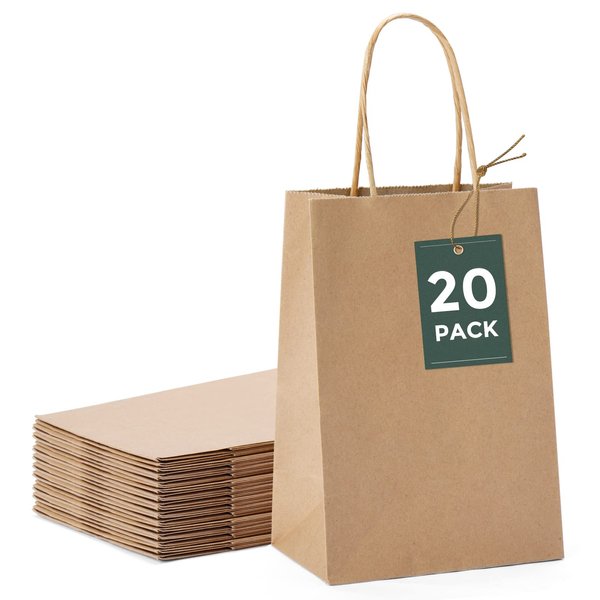 GSSUSA Brown Paper Bags 5.25x3.75x8 20Pcs, Small Gift Bags Paper Bags with Handles Bulk, Valentines Day Bags, Sturdy Kraft Paper Bags, Retail Shopping Bags, Party Favor Bags, Birthday Gift Bags