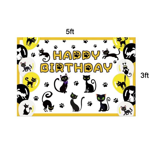 Cat Themed Party Decoration Black Cat Birthday Party Supplies Set Includes 5 x 3ft Black Cat Backdrops, Cat Happy Birthday Banner, Cake Topper, Cupcake Toppers, Balloons