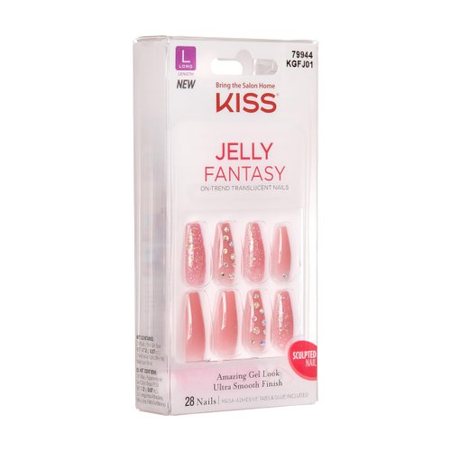 KISS Gel Fantasy Press On Nails, Nail glue included, 'Be Jelly', Pink, Long Size, Coffin Shape, Includes 28 Nails, 2g Glue, 1 Manicure Stick, 1 Mini File, 1 Adhesive Tab