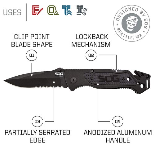 SOG Escape Tactical Folding Knife- 3.4 Inch Serrated Edge Blade Emergency Pocket Knife with Glass Breaker, Wire Stripper and Line Cutter Blades-Black (FF25-CP)