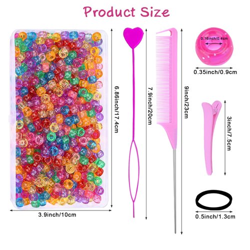 1008 Pcs Hair Beads Kit for Girls and Kids Hair Braids, 500Pcs 9x6mm Glitter Pony Beads, 500Pcs Mini Elastic Rubber Bands, 5Pcs Quick Beaders, 1Pcs Rattail Comb and 2Pcs Duckbill Clips