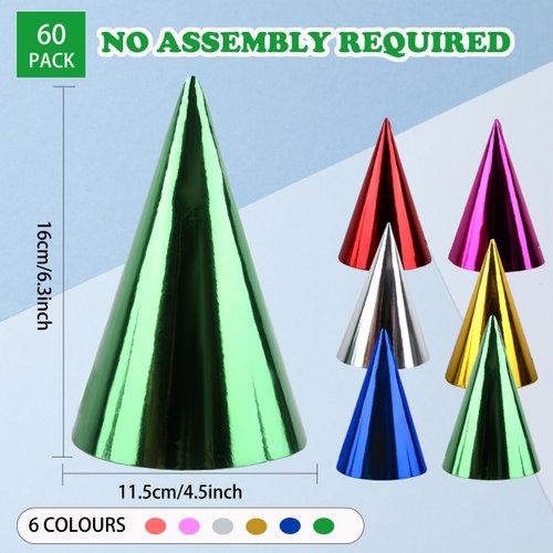 Haconba 60 Pieces Paper Cone Party Hats Colorful Metallic Foil Birthday Cone Hats for Kids Adults Birthday New Year Party Supplies, 6 Colors