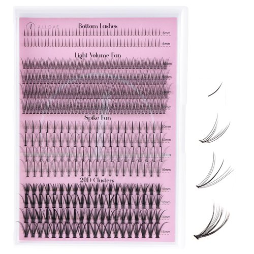 ALLOVE Wispy Lash Clusters Individual Lashes Multi-type Mixed DIY Lash Extensions with Bottom Lashes, 7D Spike Lash Clusters, Light Volume Fans, 20D Cluster Lashes for Self Application at Home