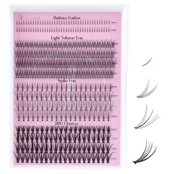 ALLOVE Wispy Lash Clusters Individual Lashes Multi-type Mixed DIY Lash Extensions with Bottom Lashes, 7D Spike Lash Clusters, Light Volume Fans, 20D Cluster Lashes for Self Application at Home