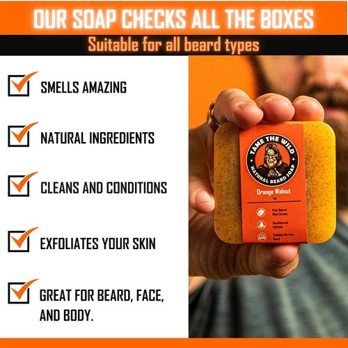 Tame the Wild Orange Walnut Beard Soap - Natural Beard Wash - Beard Shampoo & Conditioner - Mens Exfoliating Face & Body Scrub - Made of Shea Butter & Coconut Oil - 1 5oz Bar - Father's Day Gift