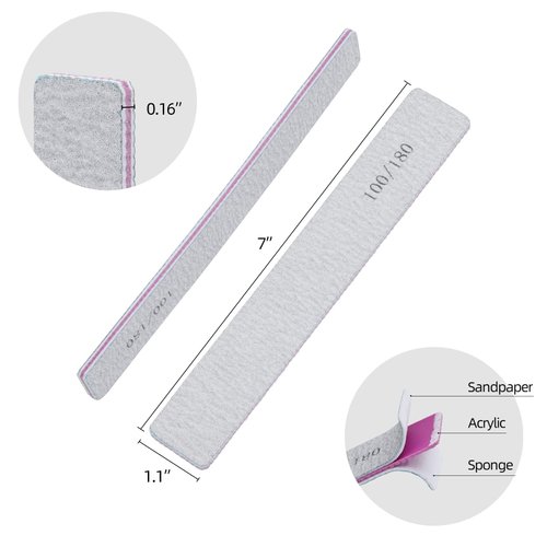 25 Pack 100/180 Grit Nail Files for Acrylic Nails, Rectangle Double Sides Emery Boards Fingernail Files Professional Nail Buffering Files