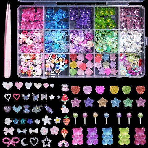 Uotey 3D Bear Candy Nail Charms Assorted Mix Pink Blue White Acrylic Nail Charms Lollipop Color Flower Butterfly Bowknots Heart Pearls Candy Cute Nail Charms for Nail Art DIY Accessories